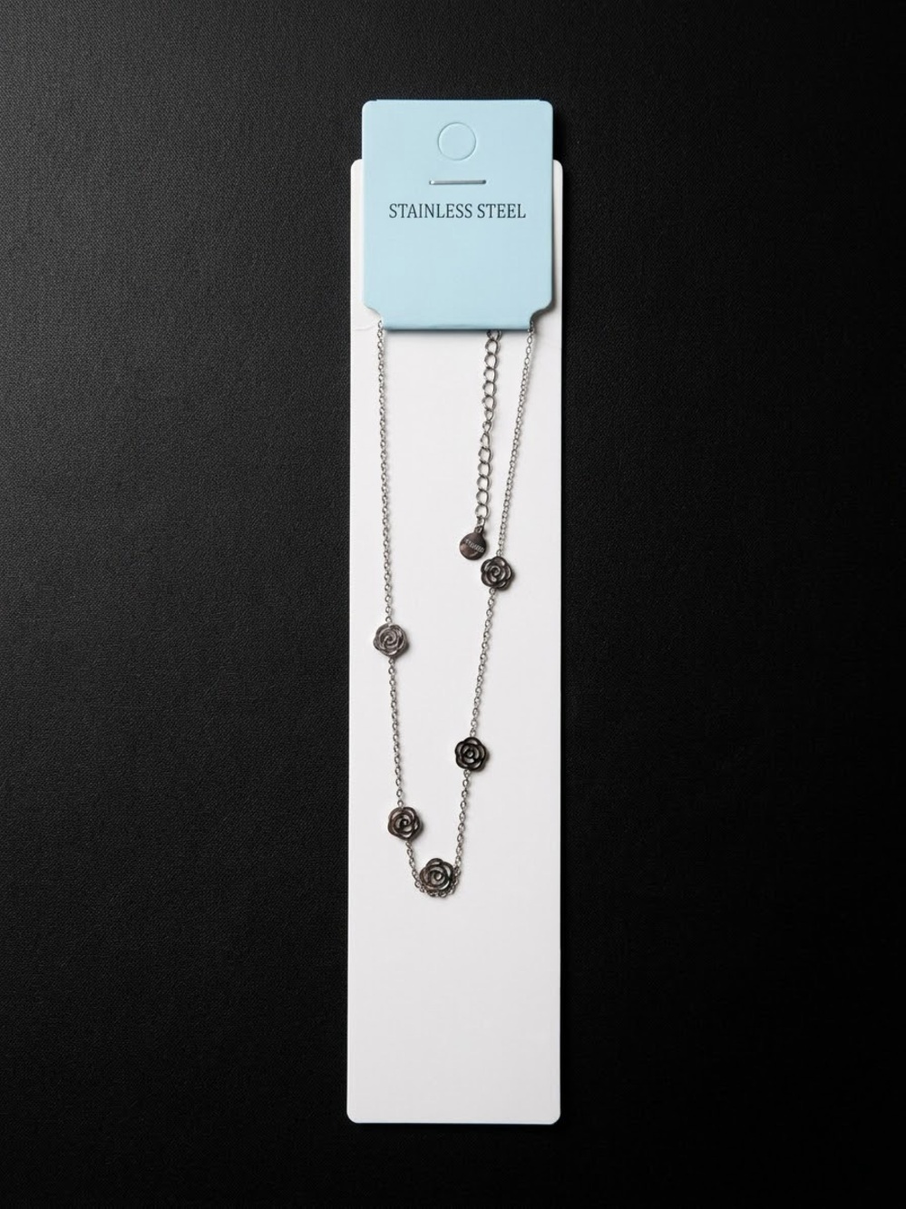 Stainless Steel Black Rose Station Necklace